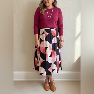 Geometric Print Midi Skirt Pink Black White Elastic Waist SHEIN Curve 2XL
